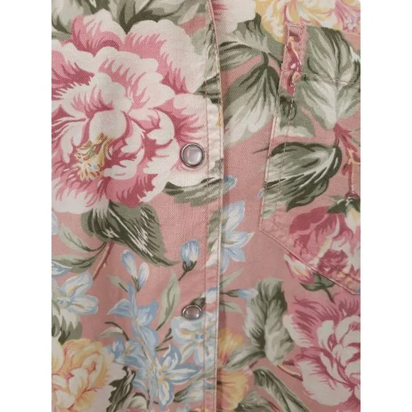 VTG 90s Lizwear Pink Floral Pearl Snap Shirt Size M Short Sleeves Cotton Yellow - Picture 2 of 8